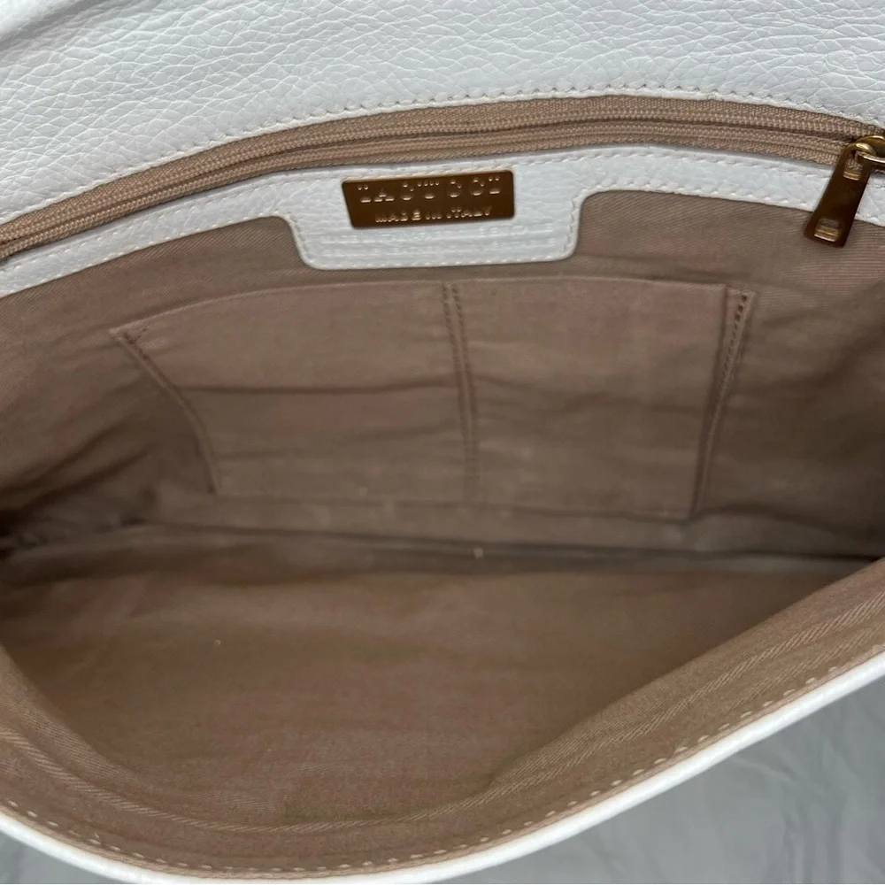 Iacucci White Pebbled Leather Large Clutch, Teal Snake Skin Leather Accent
